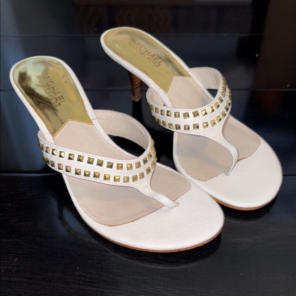**SOLD**
Michael Kors White and Gold Kitten Heeled Sandals